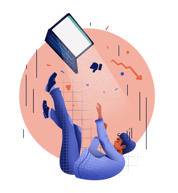 Illustration of man falling down a hole away from a laptop